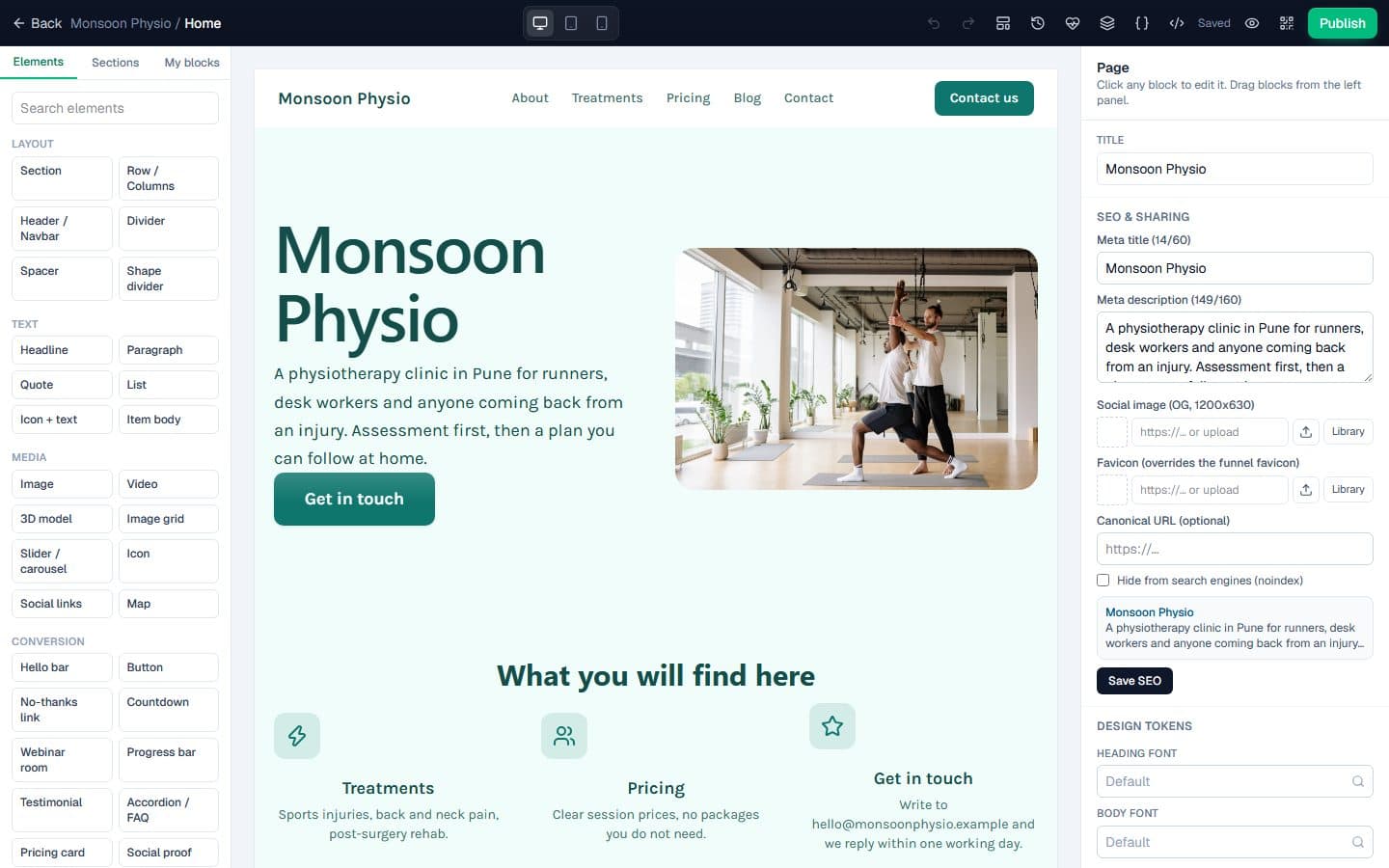 The AAfunnel visual builder editing a physiotherapy clinic website
