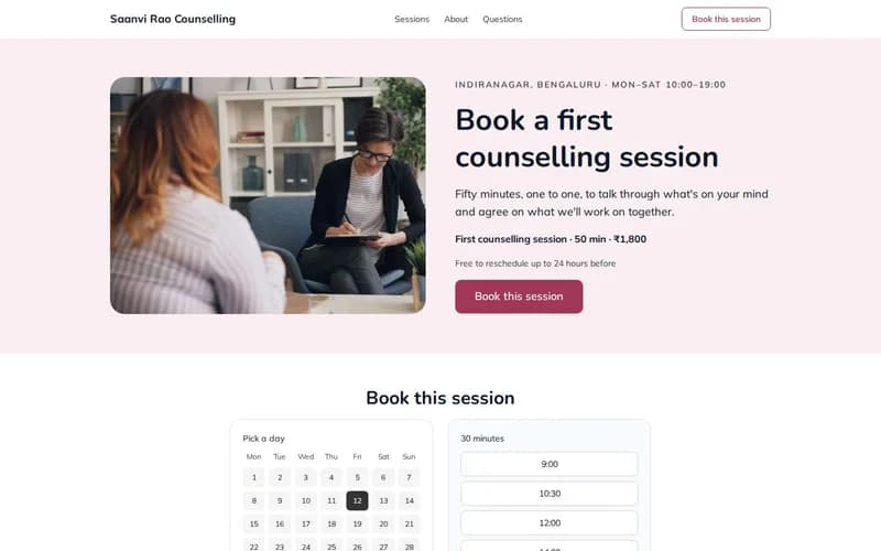Sample counselling appointment template, rendered in AAfunnel