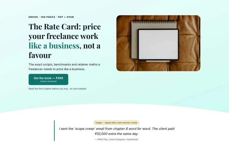 Sample ebook sales page template, rendered in AAfunnel