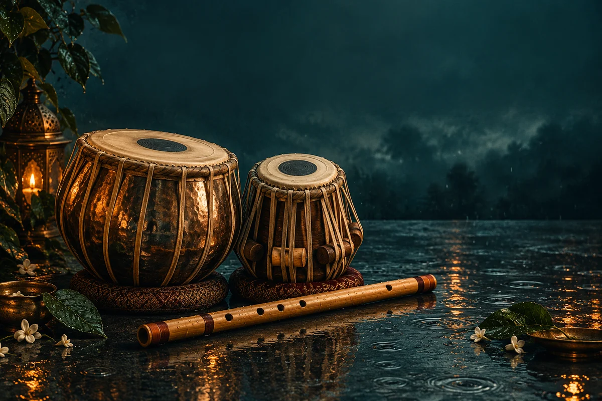 Original illustrative Monsoon Loops cover artwork with tabla drums, a bamboo flute and monsoon reflections