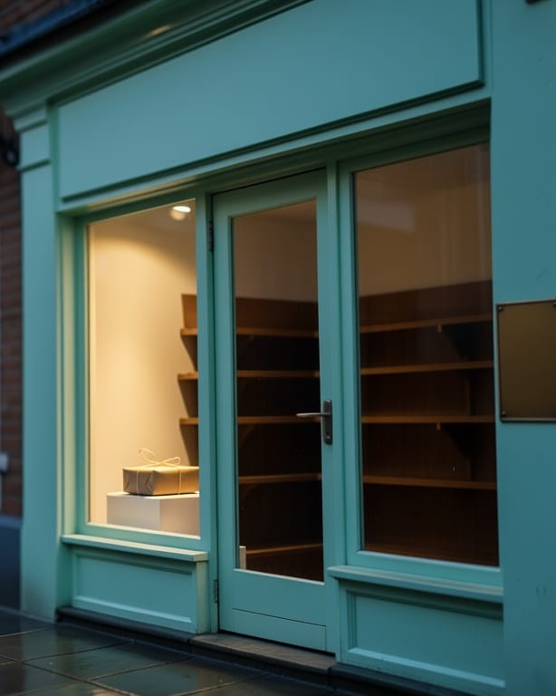The shopfront with one wrapped parcel under a spotlight